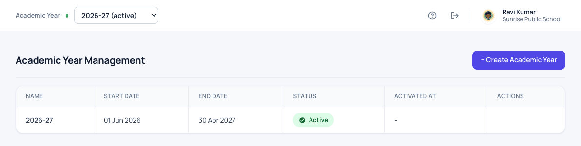 Academic year management in Patashala360 showing the 2026-27 year with start date, end date and active status