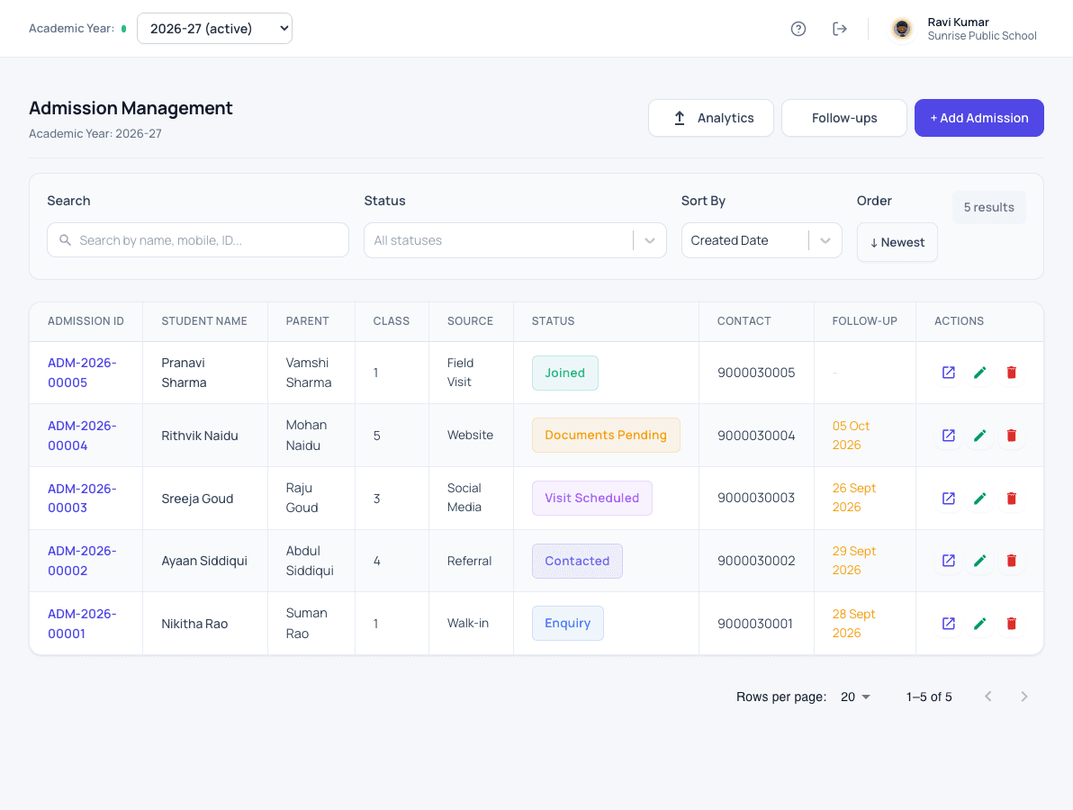 Admission enquiry management screen in Patashala360 school management software, listing enquiries with source, status and follow-up date