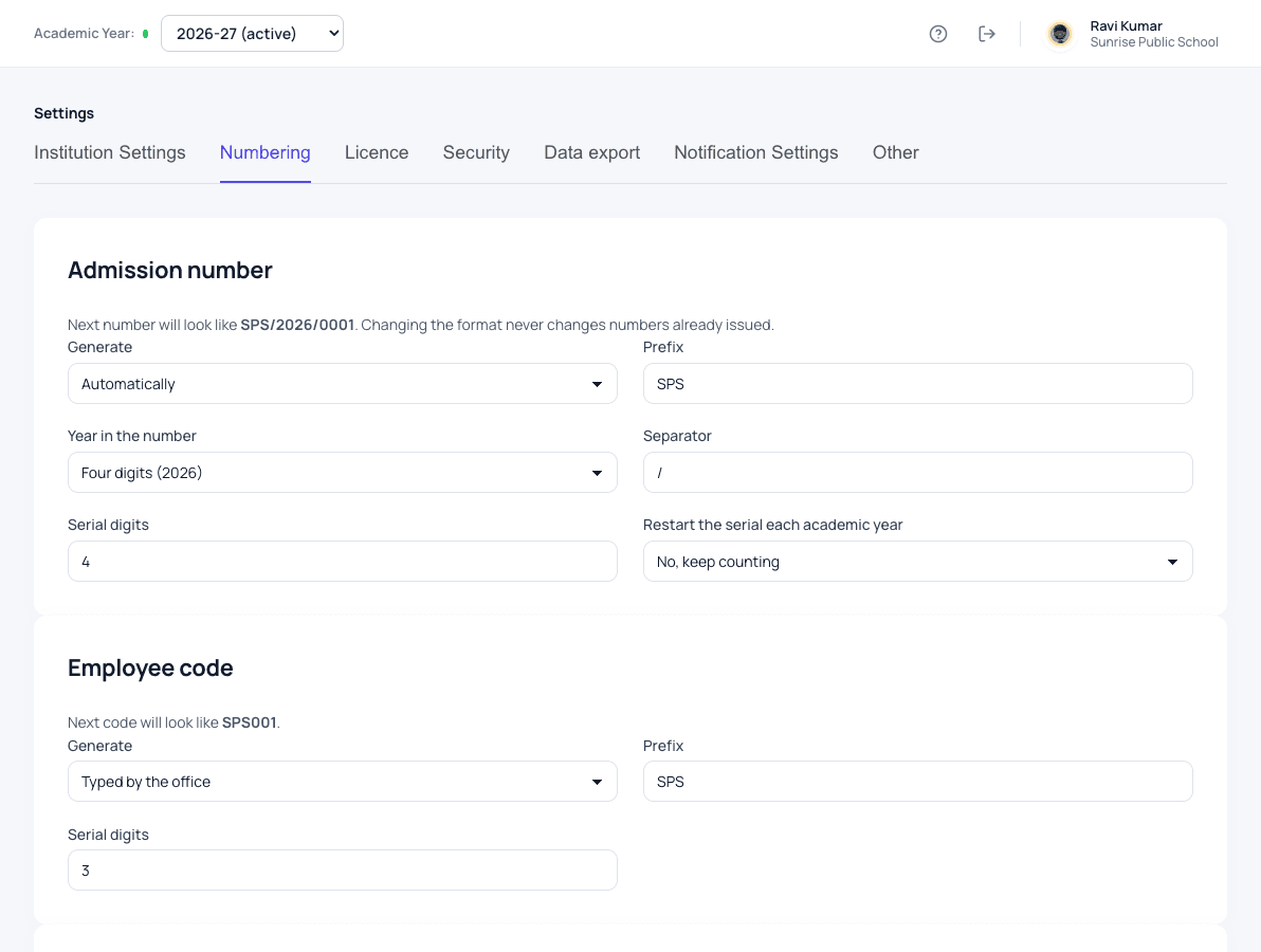 Numbering settings in Patashala360 for admission number and employee code format with prefix, year, separator and digits