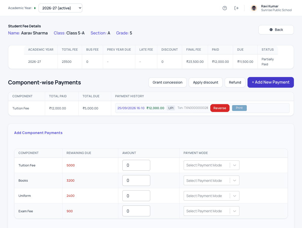 Fee collection screen in Patashala360 school fee management software with component-wise payments, concession, discount and refund