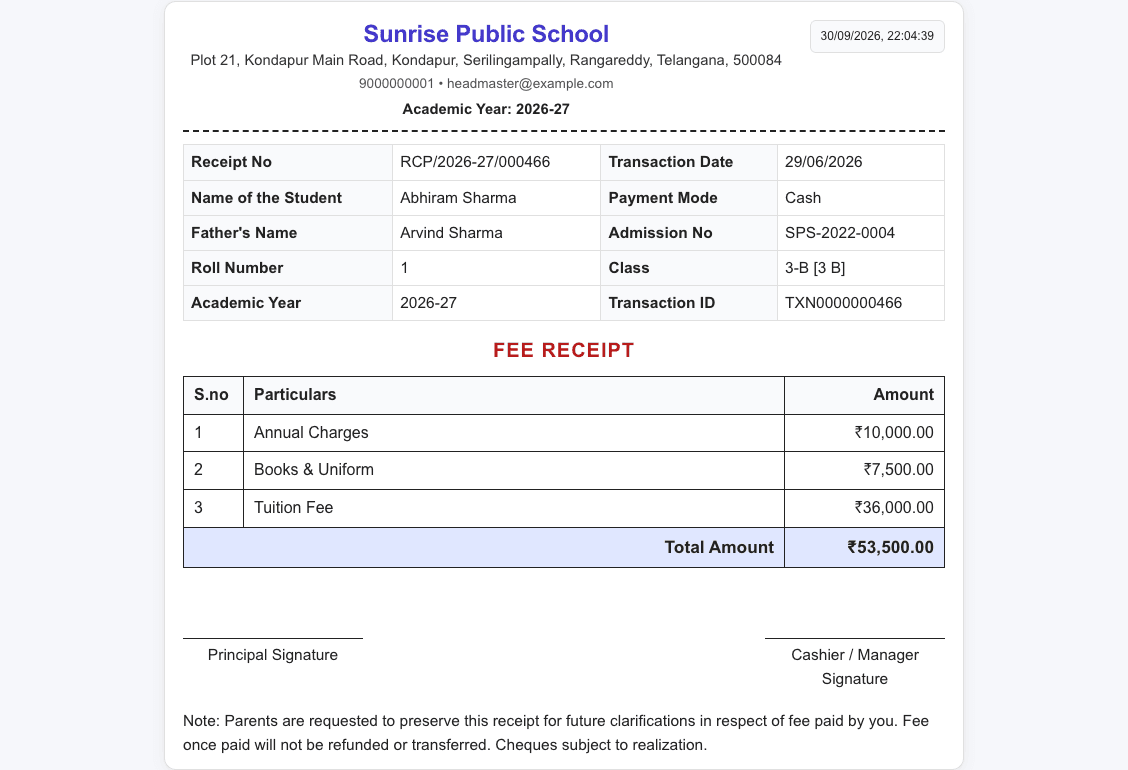 Printed school fee receipt from Patashala360 with school name, receipt number, student details and amounts