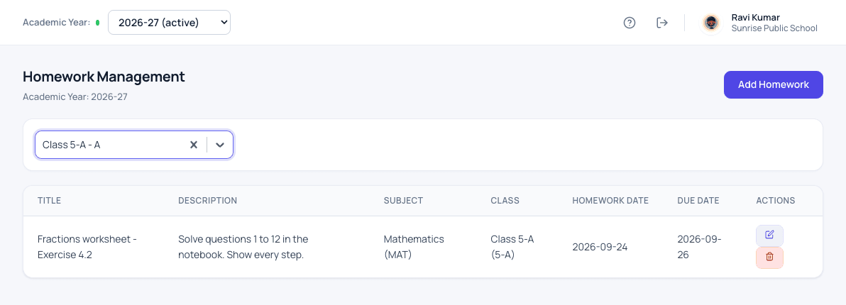 Homework management screen in Patashala360 listing title, subject, class and due date