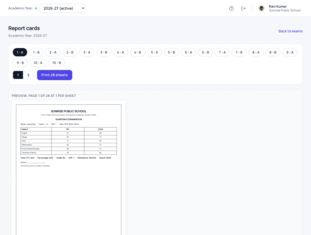 Report card printing screen in Patashala360 with class selection and a preview of a printed report card
