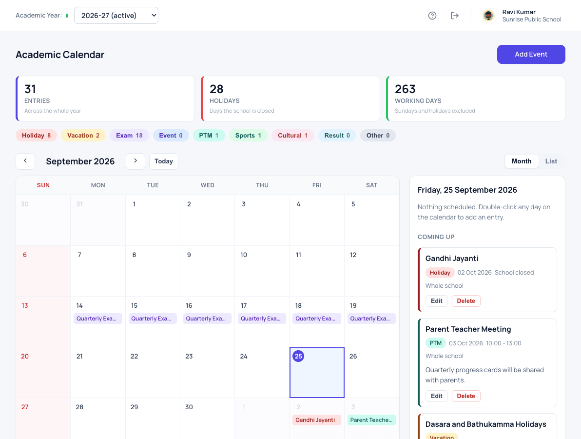 Academic calendar in Patashala360 school ERP showing holidays, exams, events and working days for the month