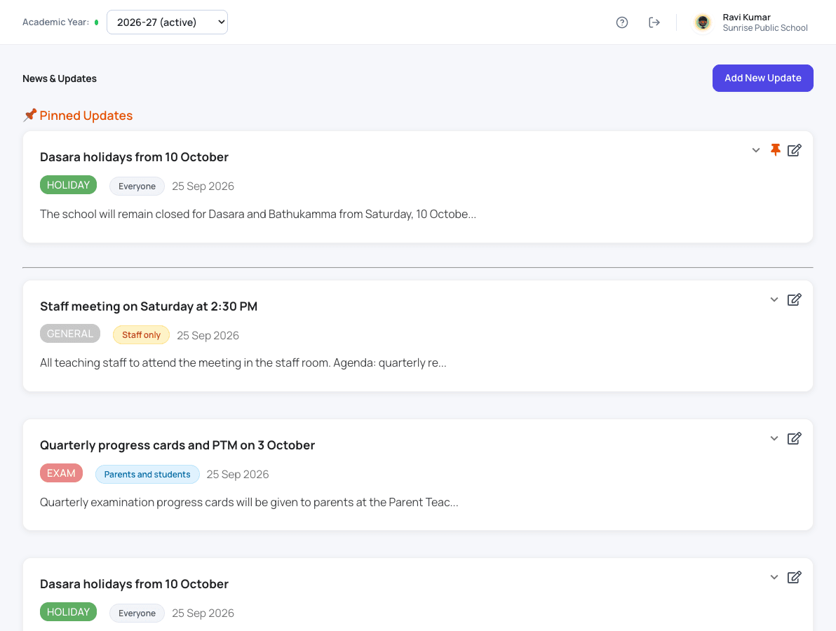 News and updates screen in Patashala360 with pinned school notices, audience and date