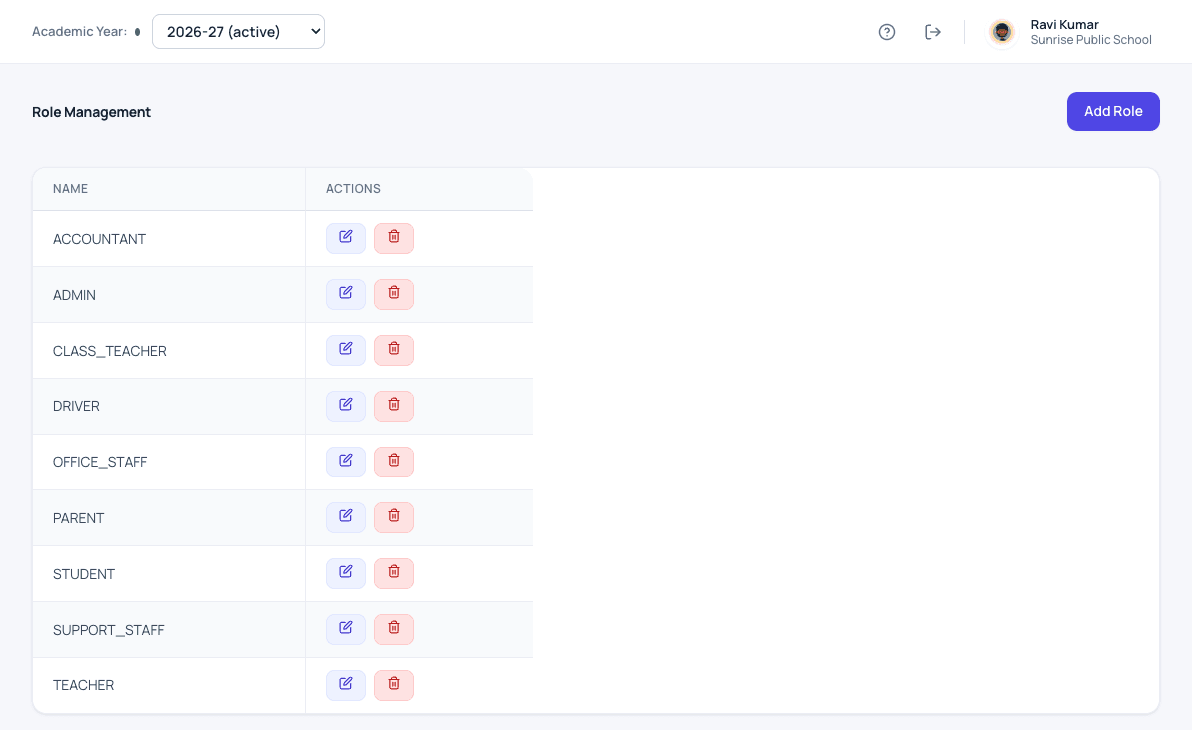 Role management screen in Patashala360 listing school roles such as admin, accountant, class teacher, driver and teacher