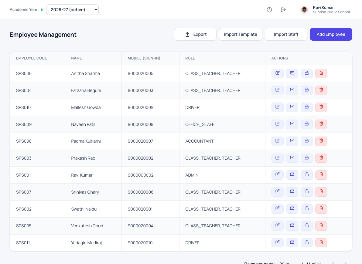 Employee management screen in Patashala360 listing employee code, name, mobile and role