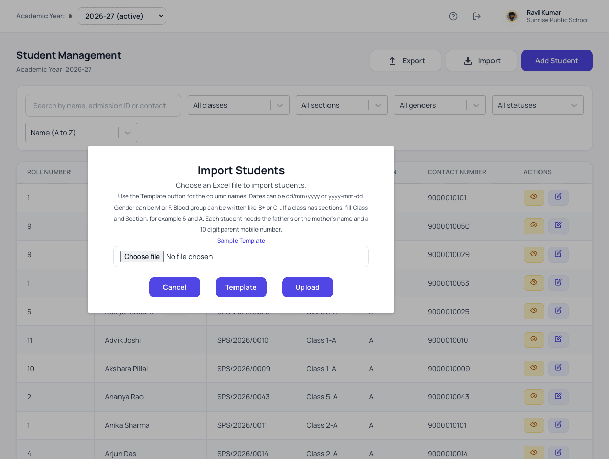 Importing a student list from Excel into Patashala360 school management software