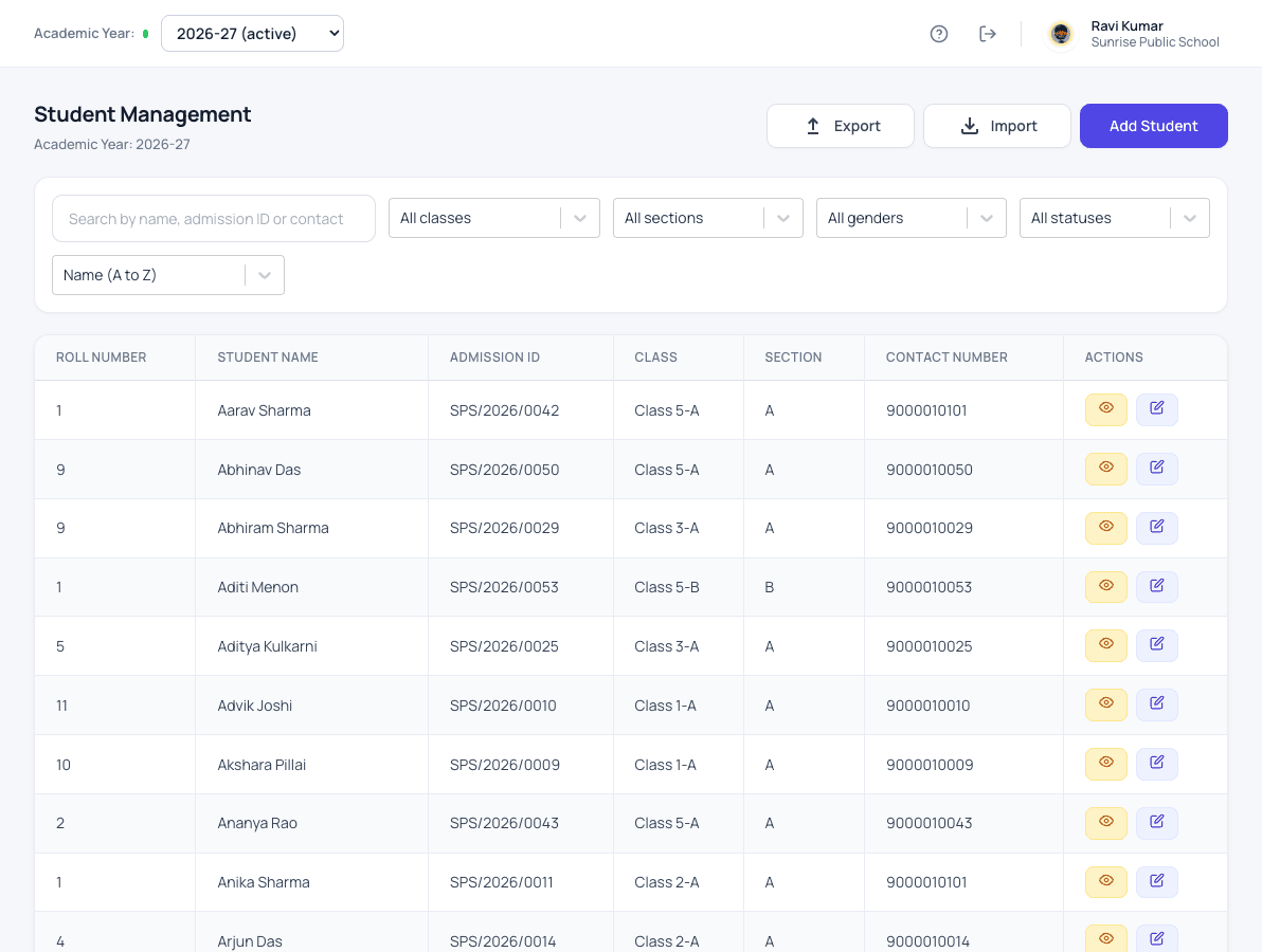 Student list in Patashala360 student information system with roll number, admission ID, class and contact number