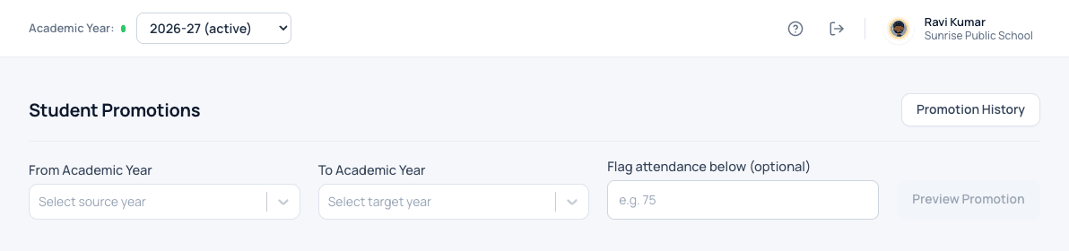 Student promotion screen in Patashala360 with source year, target year and attendance flag