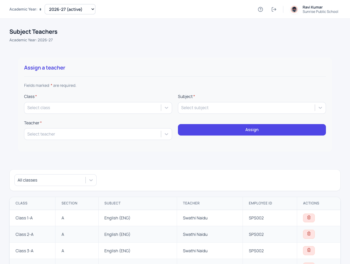 Subject teacher assignment screen in Patashala360 with class, subject, teacher and employee ID
